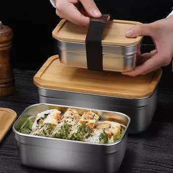 304 Stainless Steel Japanese Style Lunch Box with Wood Cover Fresh-Keeping Food Container Portable Storage Case for Student Kids
