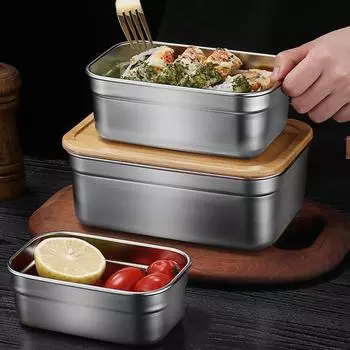 304 Stainless Steel Japanese Style Lunch Box with Wood Cover Fresh-Keeping Food Container Portable Storage Case for Student Kids