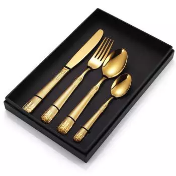 304 Нержавеющая сталь Нож Вилка Ложка Рельефный Винтажный Набор Столовых Приборов Западная Кухня Стейк Серебряный Домашний Отель Золотой Набор из 4 предметов