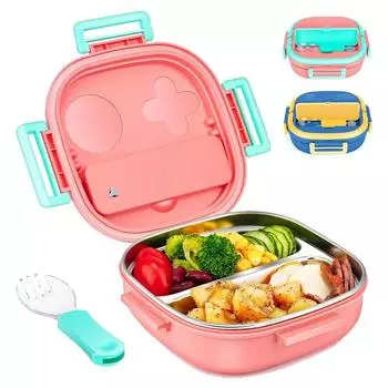304 Stainless Steel Lunch Box Food Container Bento Box with Fork for Child Student Outdoor Portable Tableware 3 Girds for Picnic розовый
