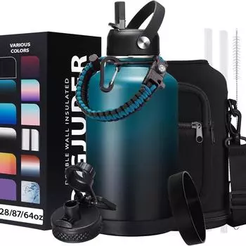 304 Stainless Steel Outdoor Portable Sports Kettle with Insulated Cup and Wide Mouth Water Kettle синий