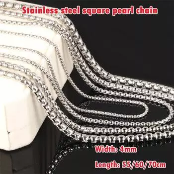 304 Нержавеющая сталь Серебро/золото/черный Мужская квадратная цепочка с жемчугом Женское ожерелье Ширина 4 мм S серебряный