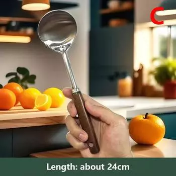 304 Stainless Steel Small Spatula Household Cooking Spoon Soup Spoon Frying Shovel Walnut Long Handle Anti-Hot Spatula Kitchen