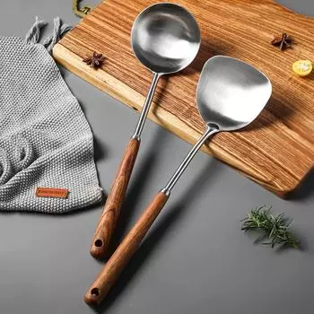 304 Stainless Steel Turner Soup Spoon Ladle with Wooden Handle, Kitchen Cooking Utensil Wall Hanging