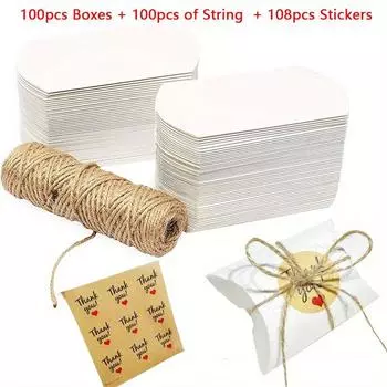 308 шт./упак., 100 шт. белая бумажная коробка для подушек с 100 шт. подарочной коробкой и 108 шт. наклейками, подходит для ювелирных изделий, свадеб, праздничных подарков 30pcs