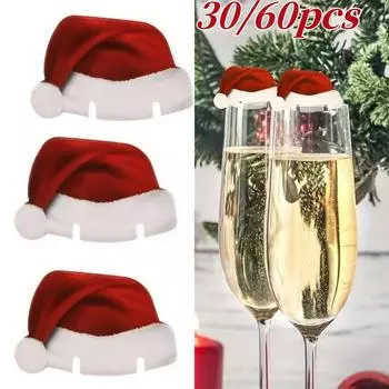 30/60 шт. Рождественская открытка в виде колпака Санты в форме бокала вина, декоративные бумажные открытки для новогодней рождественской вечеринки, стола, принадлежностей для ужина
