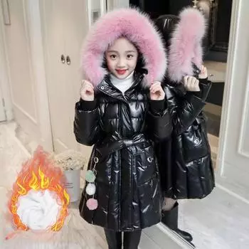 30 Глянцевые толстые теплые пальто зимние большие дети с капюшоном флис теплая верхняя одежда кашемировая парка зимний комбинезон куртки девочки хлопковая одежда 160 чёрный