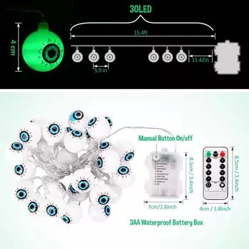 30 LED Halloween Eyeball String Lights 8 Modes Lights With Remote Control Waterproof Battery Operated Halloween Lights One Size