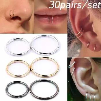 30 пар, простые круглые серьги-кольца, кольцо в носу, кольцо в стиле панк, кольцо для губ, набор для пирсинга ушей, аксессуары, подарок 30 pairs