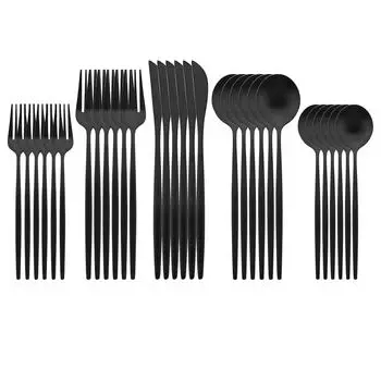 30 шт./6 комплектов столовой посуды, матовые черные ножи, вилки для салата, десертные ложки, набор столовых приборов из нержавеющей стали, семейная посуда для вечеринки серебряный