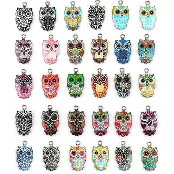 30 шт. эмалевых подвесок в виде совы для изготовления ювелирных изделий, разноцветные подвески в виде совы, металлические подвески в виде совы, милые подвески разноцветный