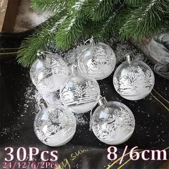 30 шт. Белые снежные шары, рождественские украшения, елочные украшения, прозрачные безделушки, шары, подвесные рождественские украшения для дома 6Pcs/6cm
