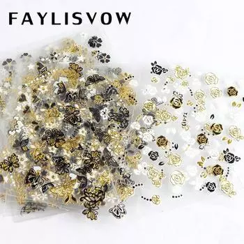 30 шт., черное золото, бабочка, цветок, наклейка для дизайна ногтей, наклейка для ногтей, 3D орнамент для ногтей, украшение для дизайна ногтей