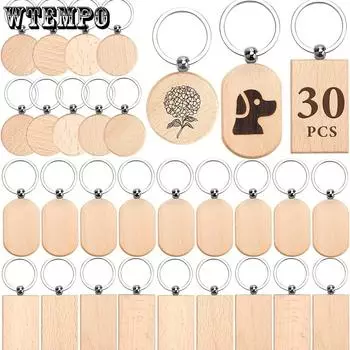 30 шт. деревянных заготовок для брелоков, 3 формы заготовок для лазерной гравировки брелоков, деревянные брелки оптом для подарков своими руками, различные брелки и бирки для ключей 30pcs