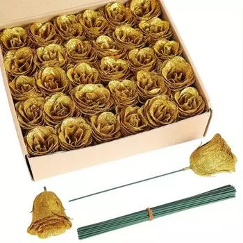 30 шт. искусственных золотых роз, блестящие розы на День святого Валентина, золотые цветы, искусственные розы со стеблями для поделок, свадебных букетов, вечеринок, домашнего декора золотой