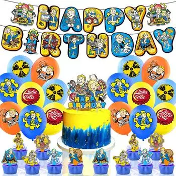 30 шт. принадлежностей для дня рождения в стиле Fallout включают баннер, воздушные шары, топперы для торта