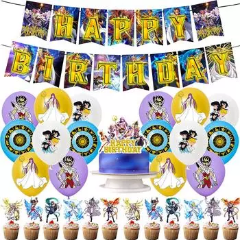 30 шт. принадлежностей для вечеринки Saint Seiya включают баннер, топперы для торта, воздушные шары