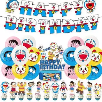 30 шт. Принадлежности для вечеринки в стиле Дораэмона включают баннер, воздушные шары, топперы для торта