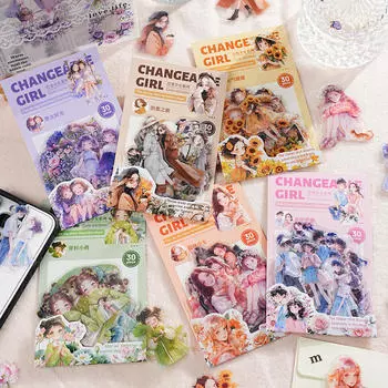 30 шт. Романтичные модные и милые наклейки на тему девушки из ПЭТ-материала, водонепроницаемые и износостойкие, для коллажа, канцелярских принадлежностей, стаканчиков
