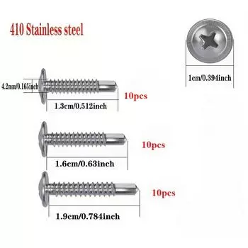 30 шт. самосверлящих винтов из нержавеющей стали 410 с большой плоской головкой, крестовые саморезы по металлу с большой плоской головкой, доступны в трех длинах: 1.3cm