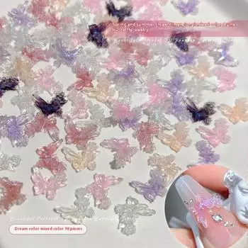 30 шт. Шармы для ногтей в виде бабочек, микс, 3D, полупрозрачные, с блестками, разноцветные, аксессуары для украшения ногтей, для любителей нейл-арта one size