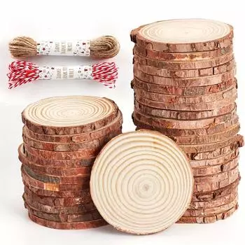 30 шт. Щепа 2,4 -2,8 Необработанная круглая из натурального дерева с предварительно просверленными отверстиями и 66-футовой пеньковой веревкой, щепа для поделок своими руками светло-желтого