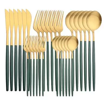 30 шт. столовая посуда, матовое зеленое золото, красочные столовые приборы из нержавеющей стали, нож, десертная вилка, ложка, вечерние, домашняя кухонная посуда, набор столовых приборов серебряный