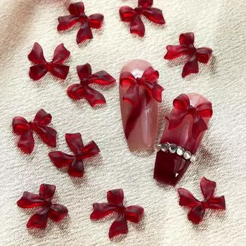 30 шт. винно-красных лент-бантов для ногтей, подвески-шармы в форме сердца, вишневого цвета, высокого класса, элегантные, темпераментные, принадлежности для ногтей, детали, украшения