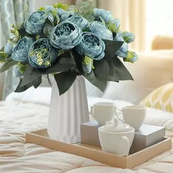 30 см роза, белый пион, букет из искусственных цветов, 5 больших головок и 4 бутона, дешевые поддельные цветы для дома, свадебное украшение, в помещении синий