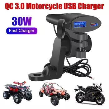 30 Вт, 12 В-24 В, крепление зеркала заднего вида на руль, 2-портовая розетка, мотоциклетное USB-зарядное устройство QC 3,0, адаптер питания, зарядное устройство USB Type-C