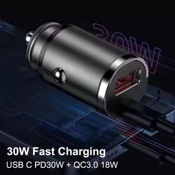 30 Вт Автомобильное зарядное устройство Быстрая зарядка USB C PD30W+QC3.0 18 Вт Невидимые аксессуары для интерьера Автомобильное зарядное устройство Мобильный телефон Металл P3M8 серый