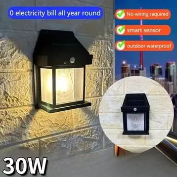 30 Вт Новый солнечный вольфрамовый настенный светильник с тремя режимами для улицы, виллы, сада, двора, водонепроницаемого украшения, индукционный фонарь, небольшой ночник 18650 black-20w