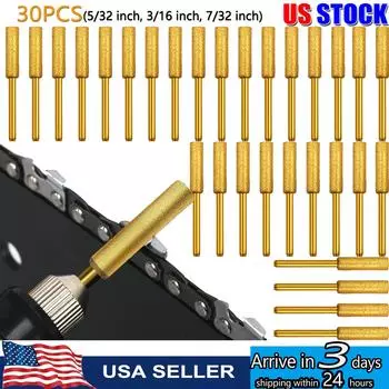 30pcs Diamond Chainsaw Sharpener 1/8 Shank High Hardness Burr Grinding Stone Chainsaw Sharpening Bits 3 Sizes 5/32 , 3/16,7/32 30PCS