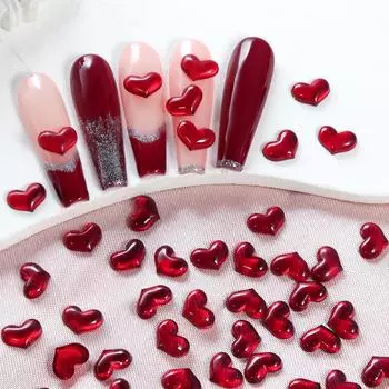 30pcs Wine Red Love Heart Nail Charms Sweetheart Cherry Red High End Elegant Temperament Nail Supplies Parts Decoration