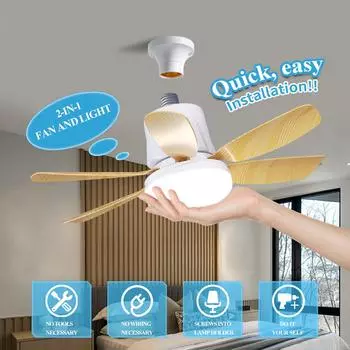 30W Socket Fan E27 Wood Ceiling Fan With LED Light And Remote Control 3 Colors 3 Speed Silent For Home Room Kitchen Lighting 85-265V