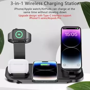 30W Wireless Charger Stand Pad For iPhone 15 14 13 12 11 Pro Max Apple Watch 8 7 6 Airpods Pro 7 in 1 Fast Charging Dock Station чёрный