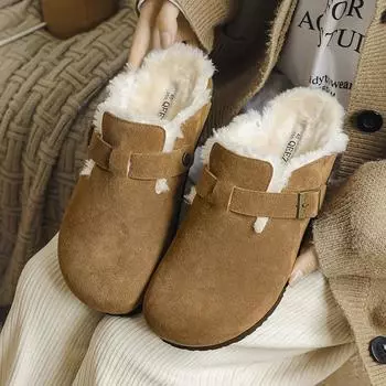 3132 New Thickened Warm Retro Home Outdoor Hair Slippers Fleece Baotou Cowhide Half Tow 35-size