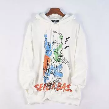 315 Korean Style Hooded T-shirt Hoodie Trendy Men and Women Couple 76520 Spring and Autumn Cartoon Print Pattern Loose Long sleeve Outerwear 2 White. 2XL