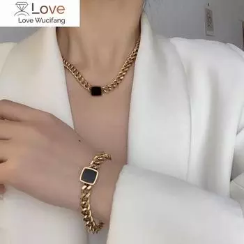 316l Нержавеющая сталь Личность Толстая Цепочка Хип-Хоп Черная Квадратная Цепочка Ключицы Модный Дамский Костюм N -275