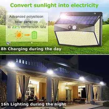 318 светодиодных солнечных фонарей, настенный светильник для сада с датчиком движения PIR, водонепроницаемый, перезаряжаемый, внешний уличный прожектор, солнечный свет