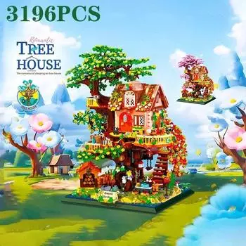 3196 шт. Сакура дом на дереве строительные блоки вишневый домик на дереве городской пейзаж кирпичи модель украшения рабочего стола игрушки для детей No Box зелёный/коричневый