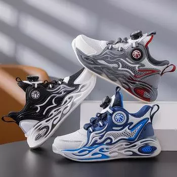 31-40 детские большие удобные вращающиеся пряжки модные сетчатые уличные спортивные туфли баскетбольные туфли 31 чёрный/белый