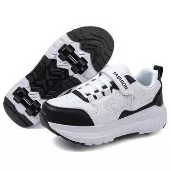 31-40 Мальчики Молодежные Роликовые Коньки Обувь Съемные Плоские Туфли Четыре Колеса Девочки Роликовые Коньки Кроссовки для Женщин 31 белый/чёрный