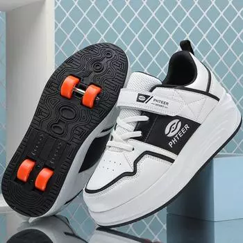 31-40 Мальчики Роликовые Коньки Обувь Съемные Плоские Туфли Четыре Колеса Девочки Роликовые Коньки Кроссовки для Женщин 31 чёрный/белый