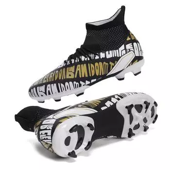31-48унисекс футбольные бутсы с текстовым узором, высокие кеды AG, длинные гвозди, высокие эластичные носки, тренировочные детские футбольные бутсы с искусственными лугами 31 белый