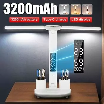 3200 мАч USB светодиодная настольная лампа с регулируемой яркостью, сенсорная складная настольная лампа с календарем, температурными часами, ночник для учебы, лампа для чтения белый