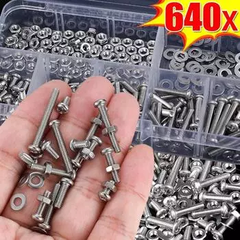 320/640pcs M3 Screw Stainless Steel Hexagon Hex Socket Screws Bolt Nuts Set Round Flat Cap Head Bolt Washer Assortment Kit 320PCS (1 Box)