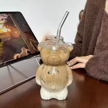 320 мл креативная кофейная кружка с милым медведем и прозрачной соломинкой, чашки для пива, молока, кофе, воды, оптовая продажа, стеклянная посуда для напитков, набор кружек 320ml