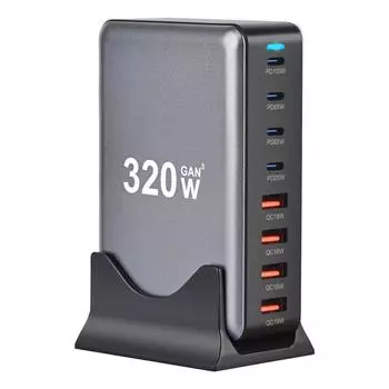 320 Вт GaN зарядное устройство USB C Fast Desktop 8-портовое USB Type C PD зарядное устройство Fast Charge 3.0 USB Type C Fast Charger для iPhone15 14 Samsung Phone US Plug чёрный