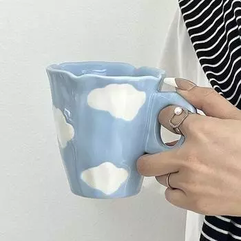 320ML Blue Cloud Hand Pinch Mug, Underglaze Color Ceramic Milk Coffee Cup, Office Drinking Ceramic Couple Breakfast Student Gift 201-300ml